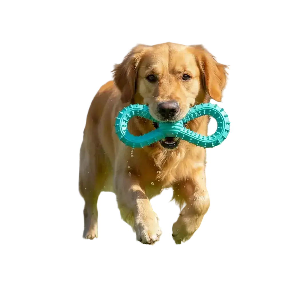 Golden Retriever läuft im Garten mit einem robusten türkisen Kauspielzeug zur spielerischen Zahnreinigung im Maul.