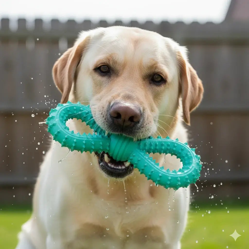 Hellblau - Ein Labrador kaut im Garten auf einem robusten, achtförmigen Hundespielzeug zur Zahnpflege