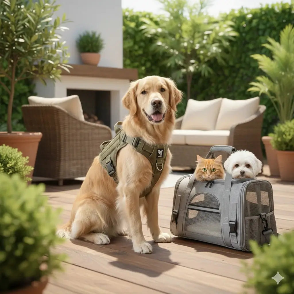 Ein Golden Retriever trägt ein taktisches Geschirr, während eine orangefarbene Katze und ein weißer Welpe aus der grauen Pawshell Tragetasche auf einer edlen Terrasse schauen